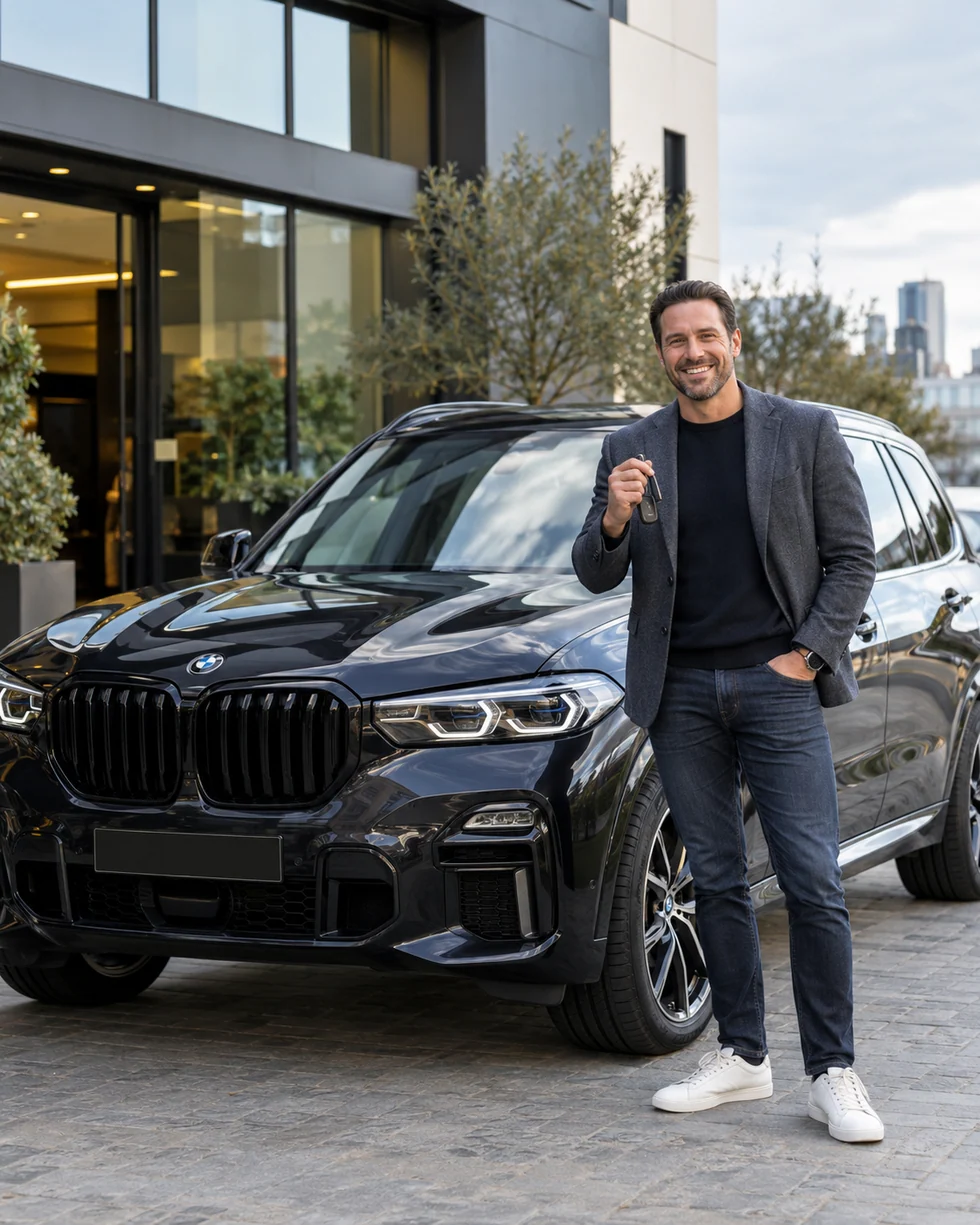 Сгенерированное фото мужчины рядом с автомобилем BMW