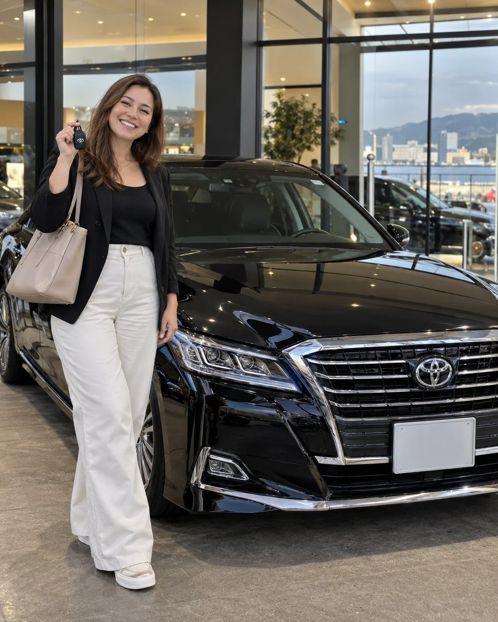 Сгенерированное фото женщины рядом с автомобилем Toyota